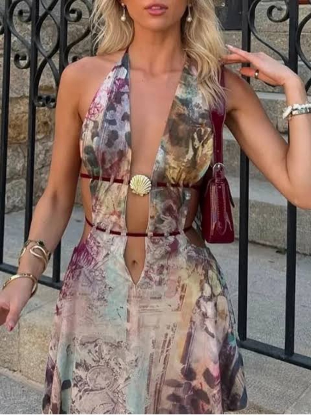 Backless Plunge Halter Dress in Multi-Color